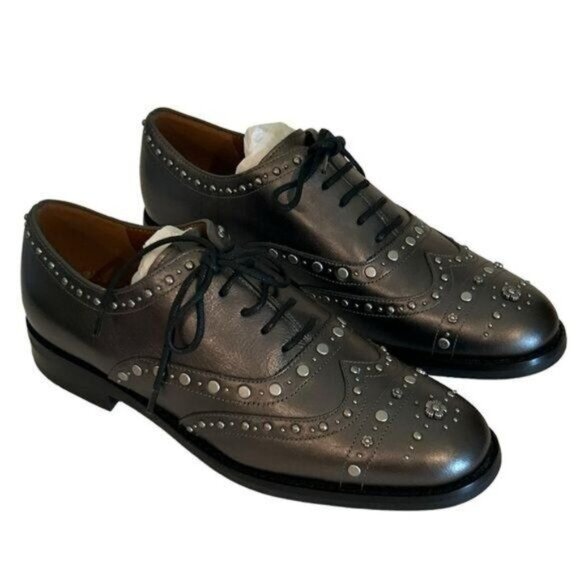 Coach Tegan Oxford Black Leather Tea Rose Studs Lace Up Shoes Size 7 B NWOT - Picture 3 of 7